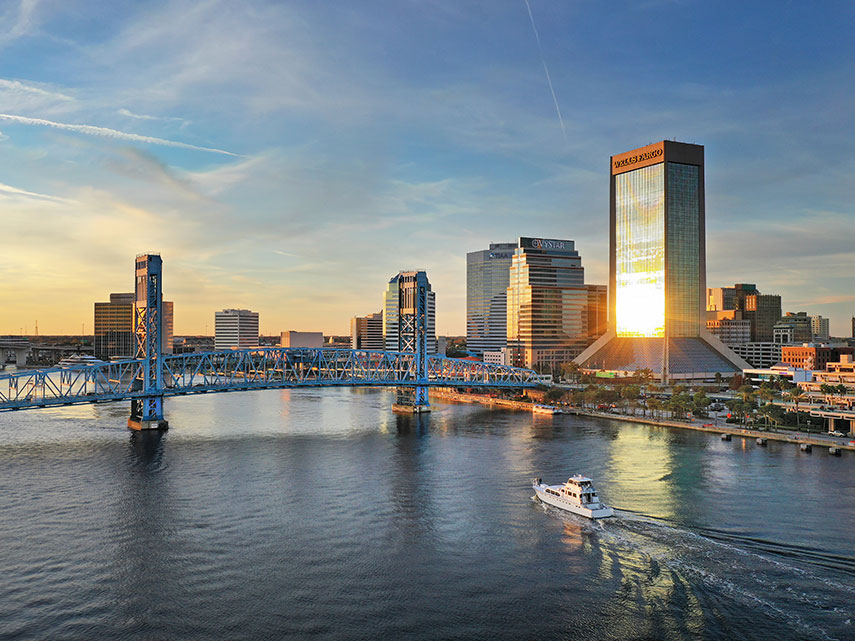 Jacksonville, Florida city skyline and bridge overlooking water